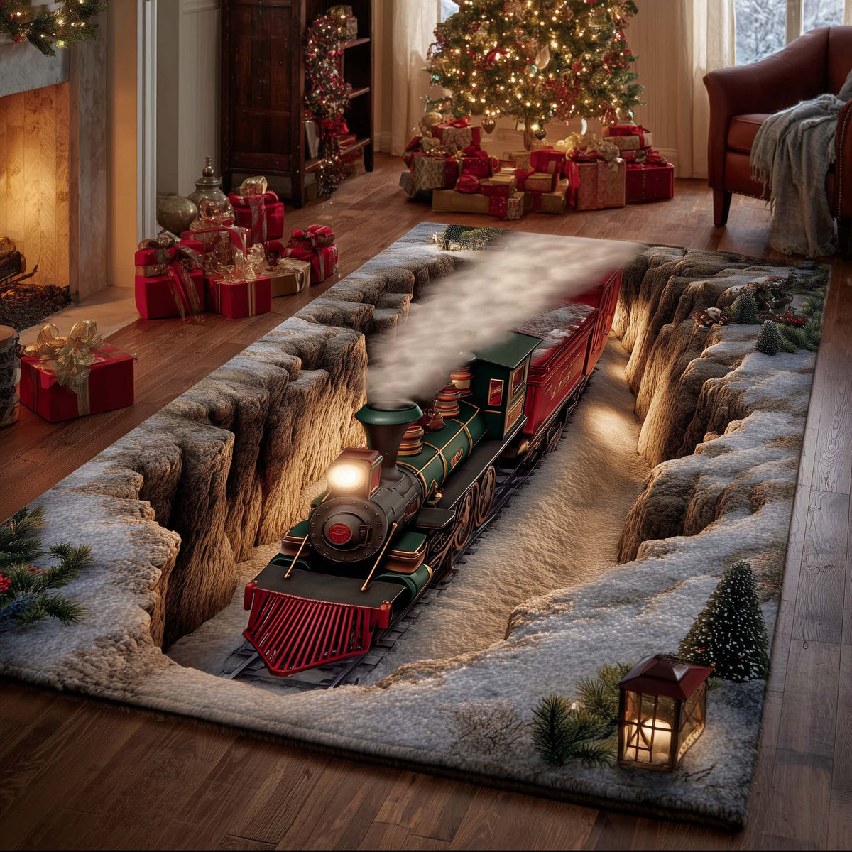 Yuletide Express area rug in a living room