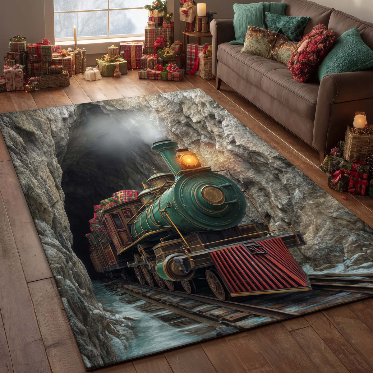 Yuletide Express area rug in a living room