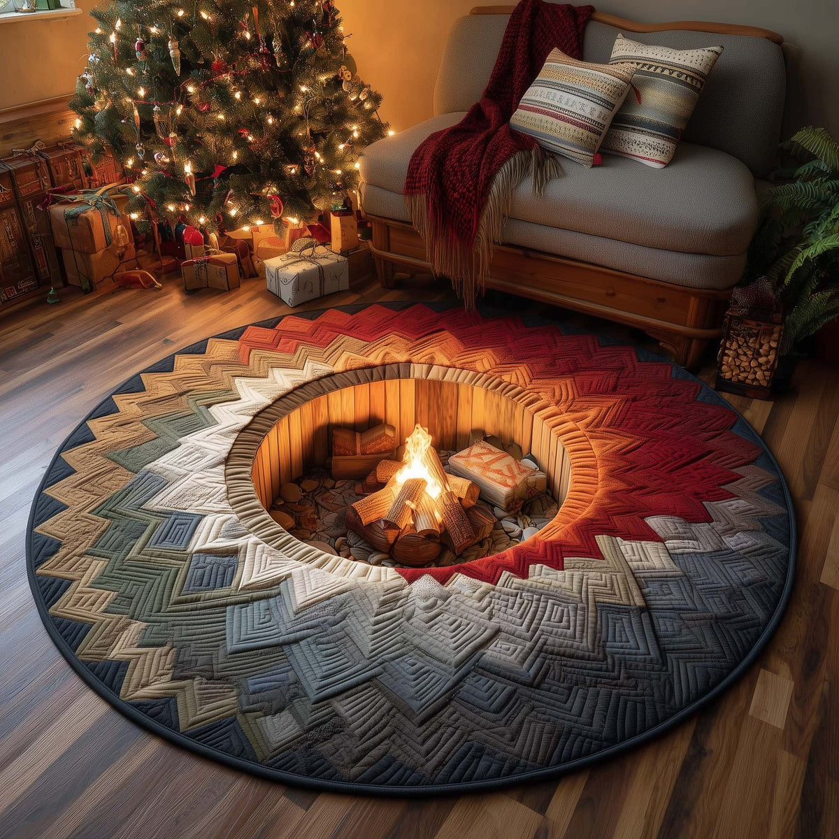 Yuletide Fireside Christmas Round Mat Rug - washable non-slip printed rug