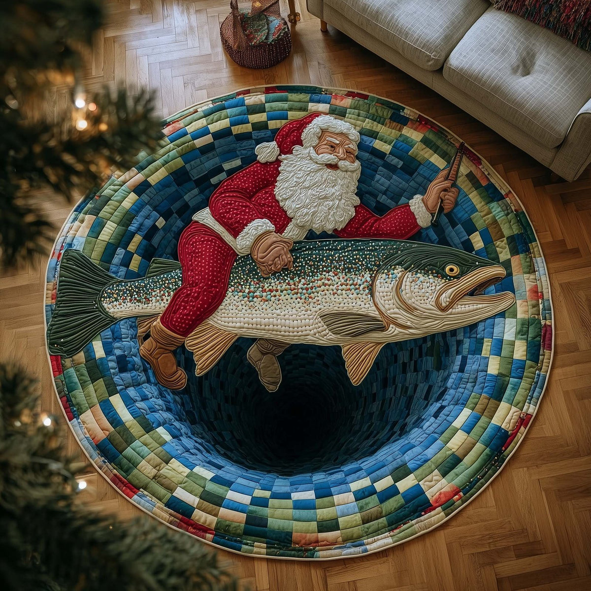 Yuletide Fisherman Christmas Round Mat Rug - washable non-slip printed rug