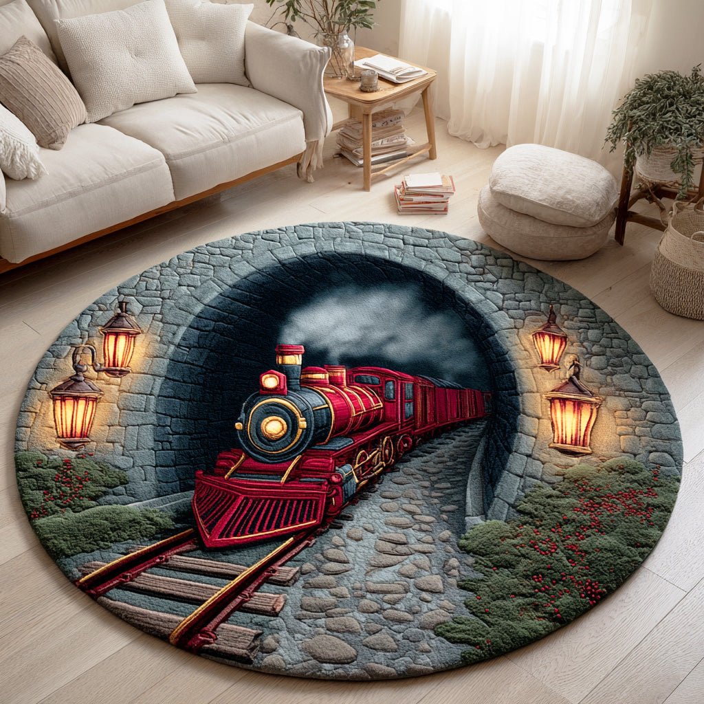 Yuletide Locomotive Christmas Round Mat Rug - washable non-slip printed rug