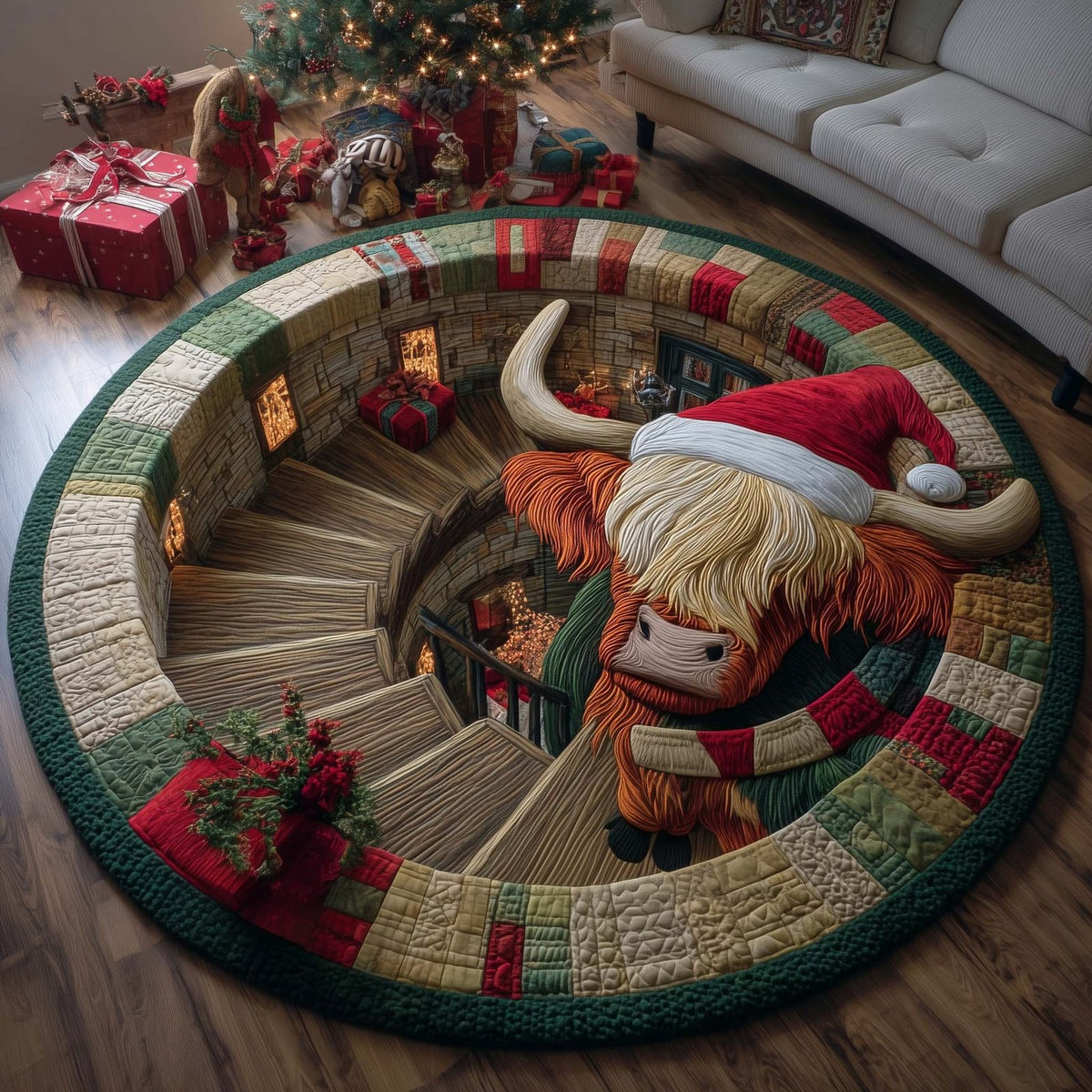Yuletide Pasture Christmas Round Mat Rug - washable non-slip printed rug