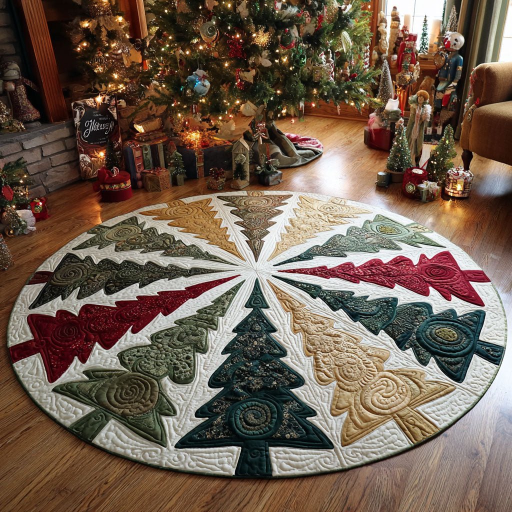 Yuletide Pines Christmas Round Mat Rug - washable non-slip printed rug