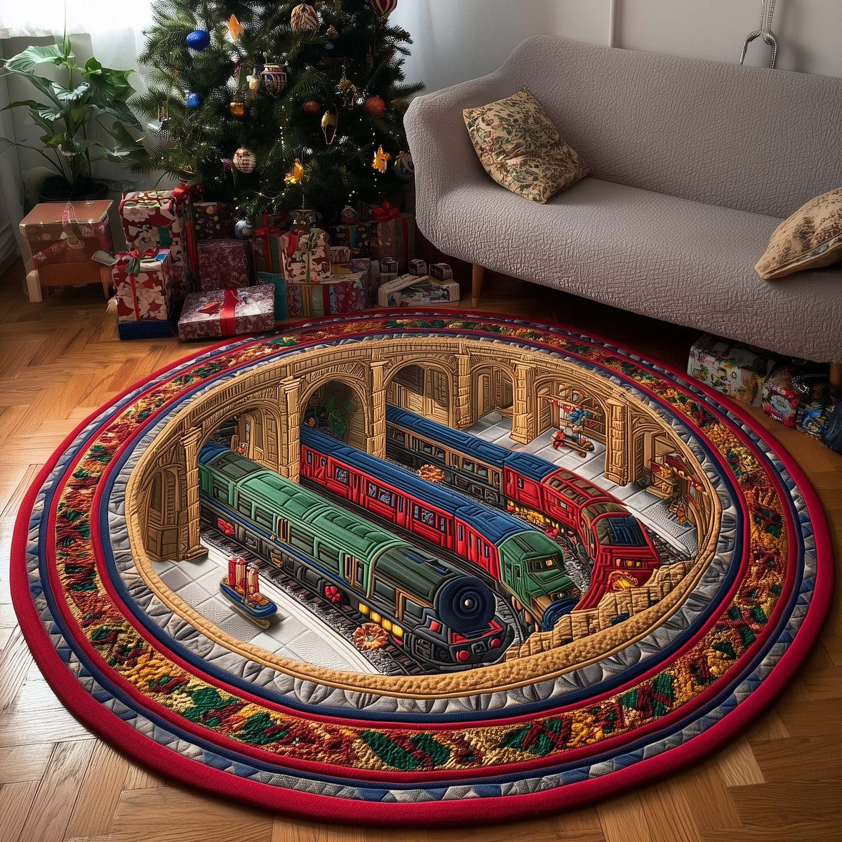 Yuletide Railway Christmas Round Mat Rug - washable non-slip printed rug