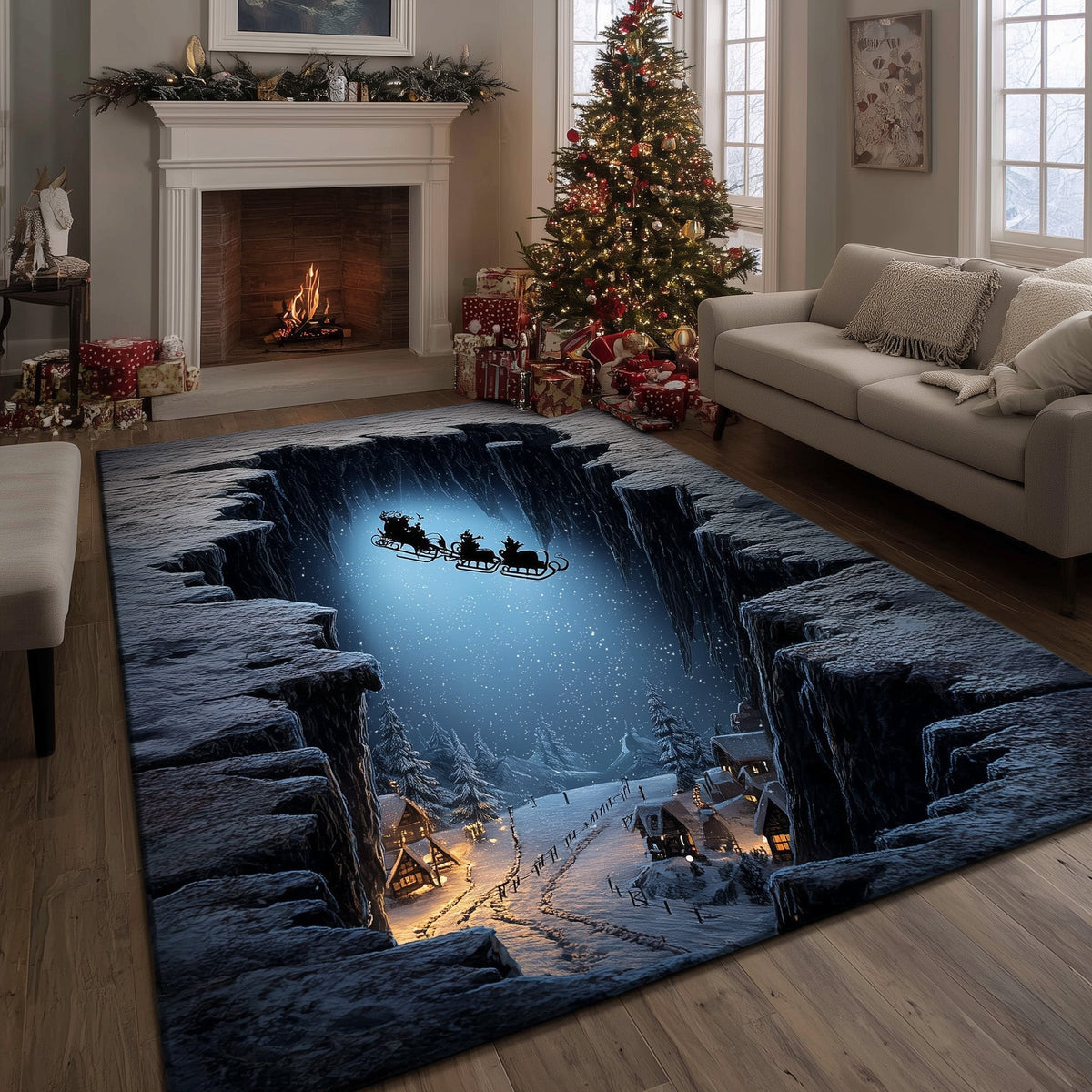 Yuletide Sky area rug in a living room