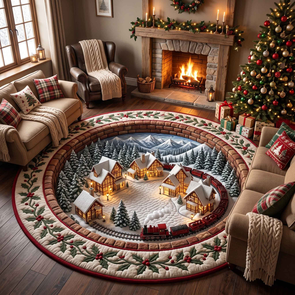 Yuletide Village Round Mat Rug - Nature Design | Nature Round Rug - washable non-slip printed rug