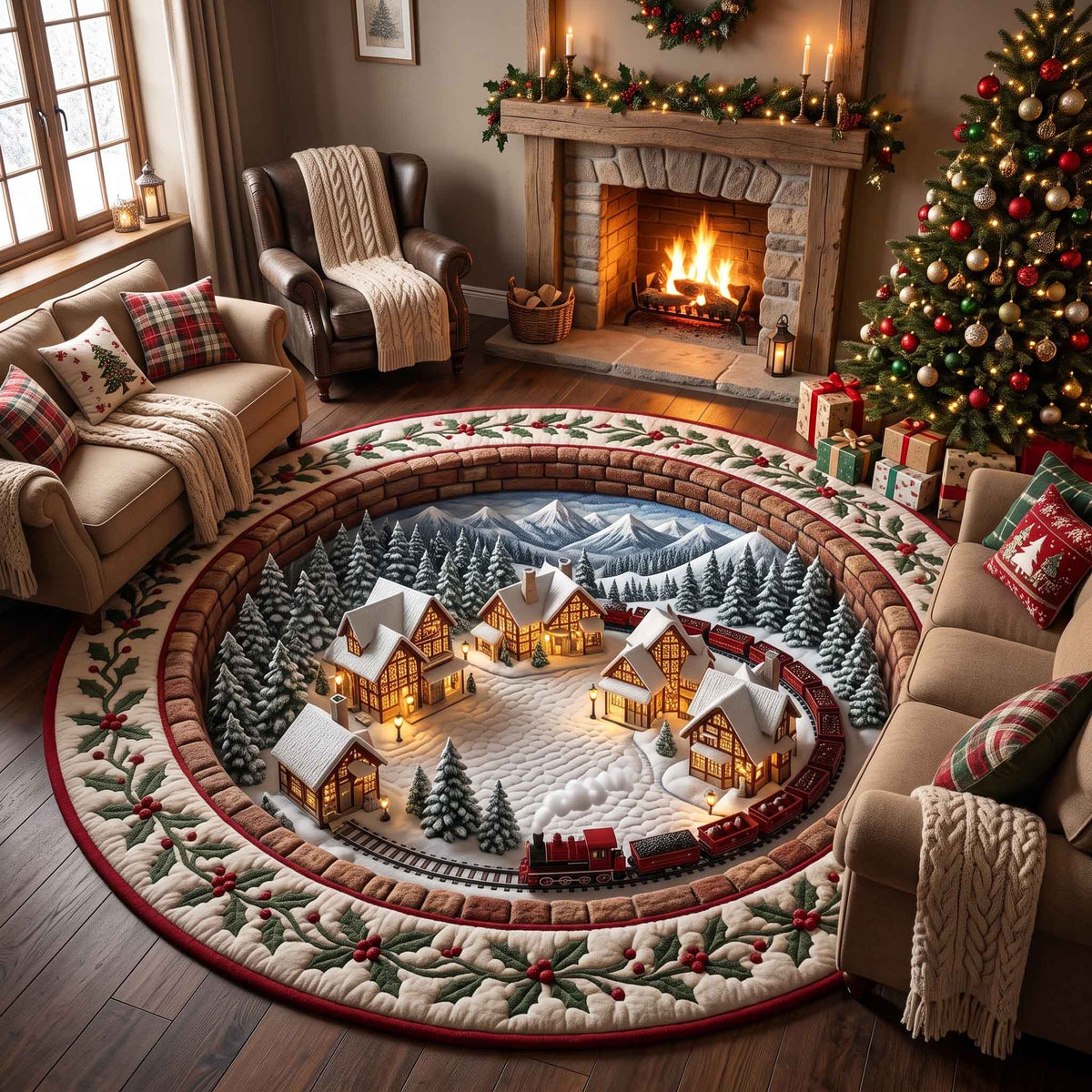 Yuletide Village Round Mat Rug - Nature Design | Nature Round Rug - washable non-slip printed rug