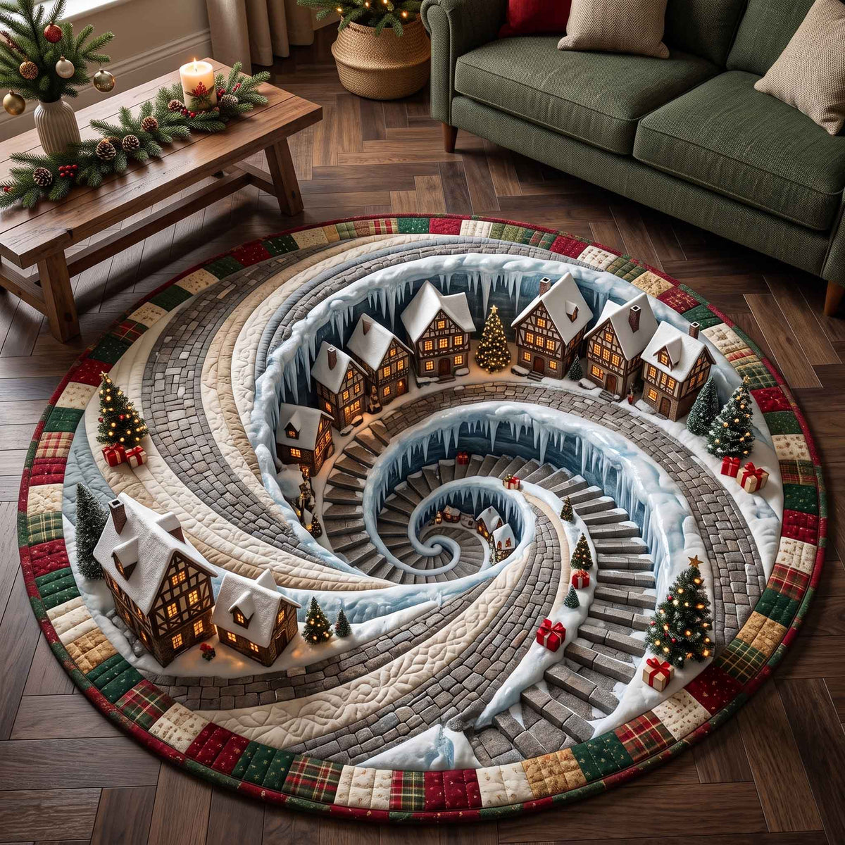 Yuletide Village Round Mat Rug - Nature Design | Nature Circle Rug - washable non-slip printed rug
