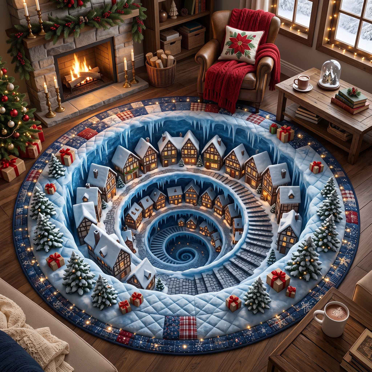 Yuletide Village Round Mat Rug - Nature Design | Nature Round Carpet - washable non-slip printed rug