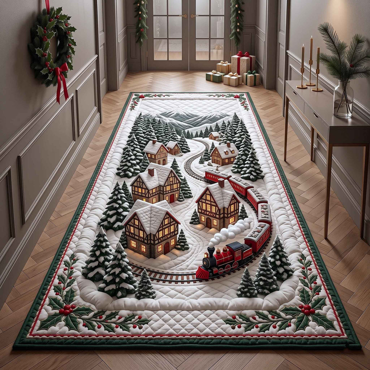 Yuletide Village Runner Rug - Nature Design | Nature Rug Runner - washable non-slip printed rug