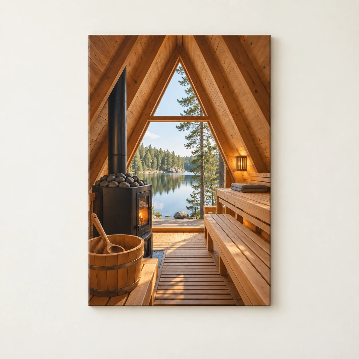 A-frame sauna with bucket, stove stones, benches and lake view printed on stretched canvas.