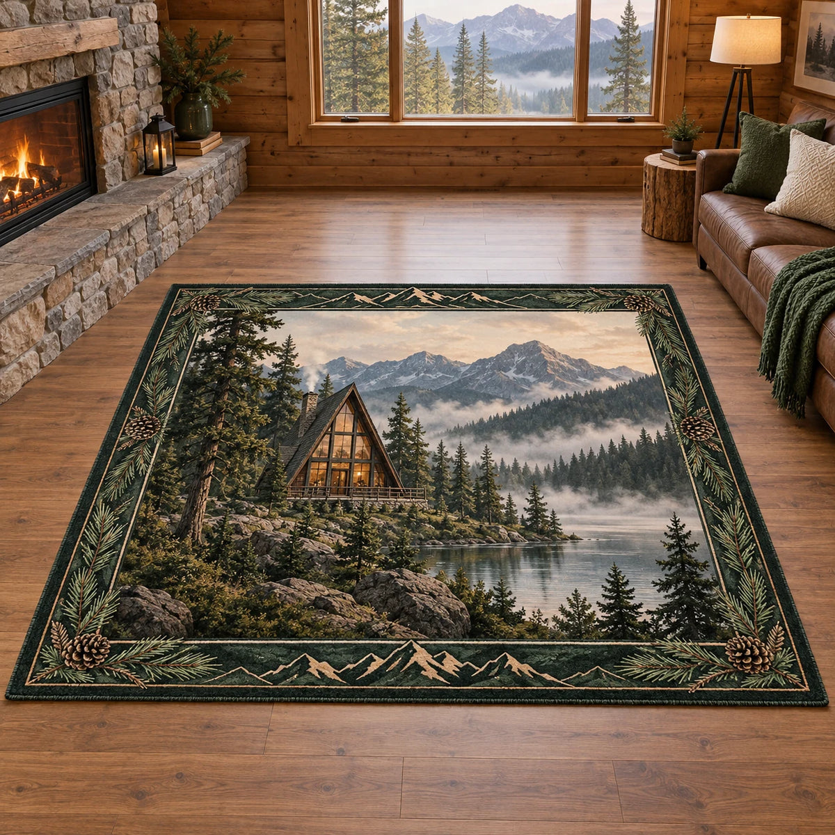 A-Frame Cabin Morning Mist Area Rug with dimensional printed artwork in a coordinated home setting