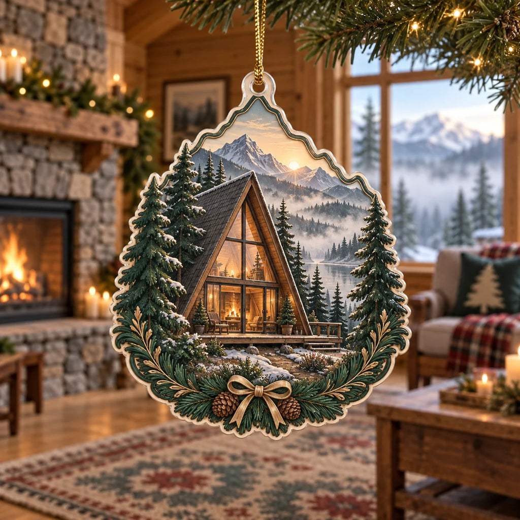 A-Frame Cabin Christmas Ornament with dimensional printed artwork in a coordinated home setting