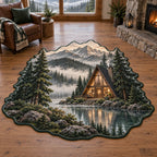 A-Frame Cabin Custom Shape Area Rug with dimensional printed artwork in a coordinated home setting