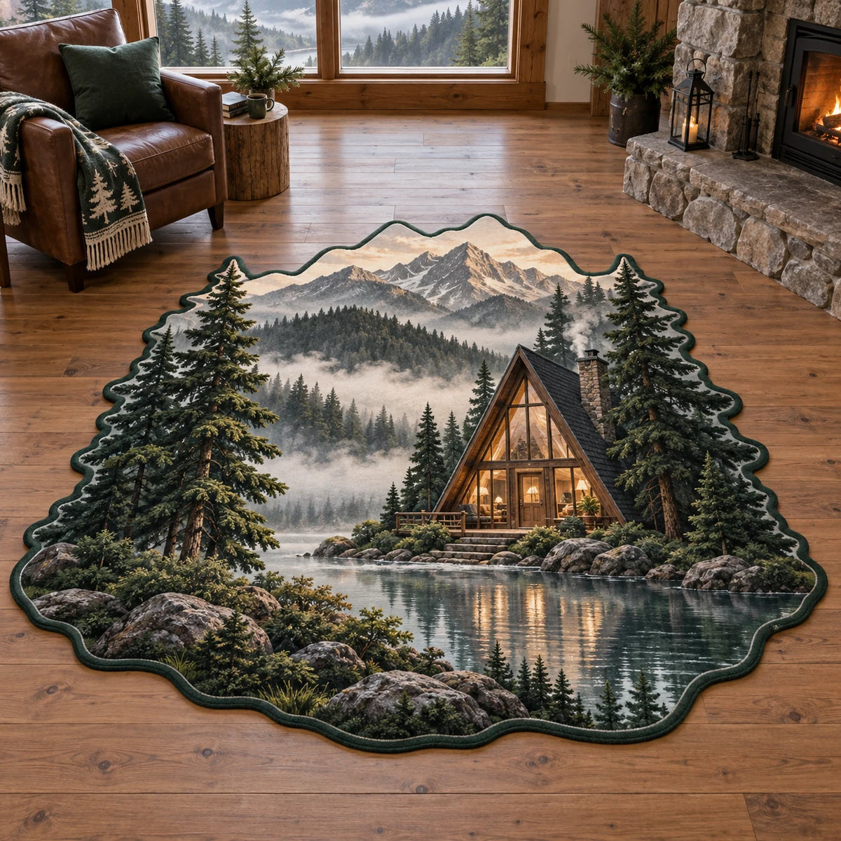 A-Frame Cabin Custom Shape Area Rug with dimensional printed artwork in a coordinated home setting