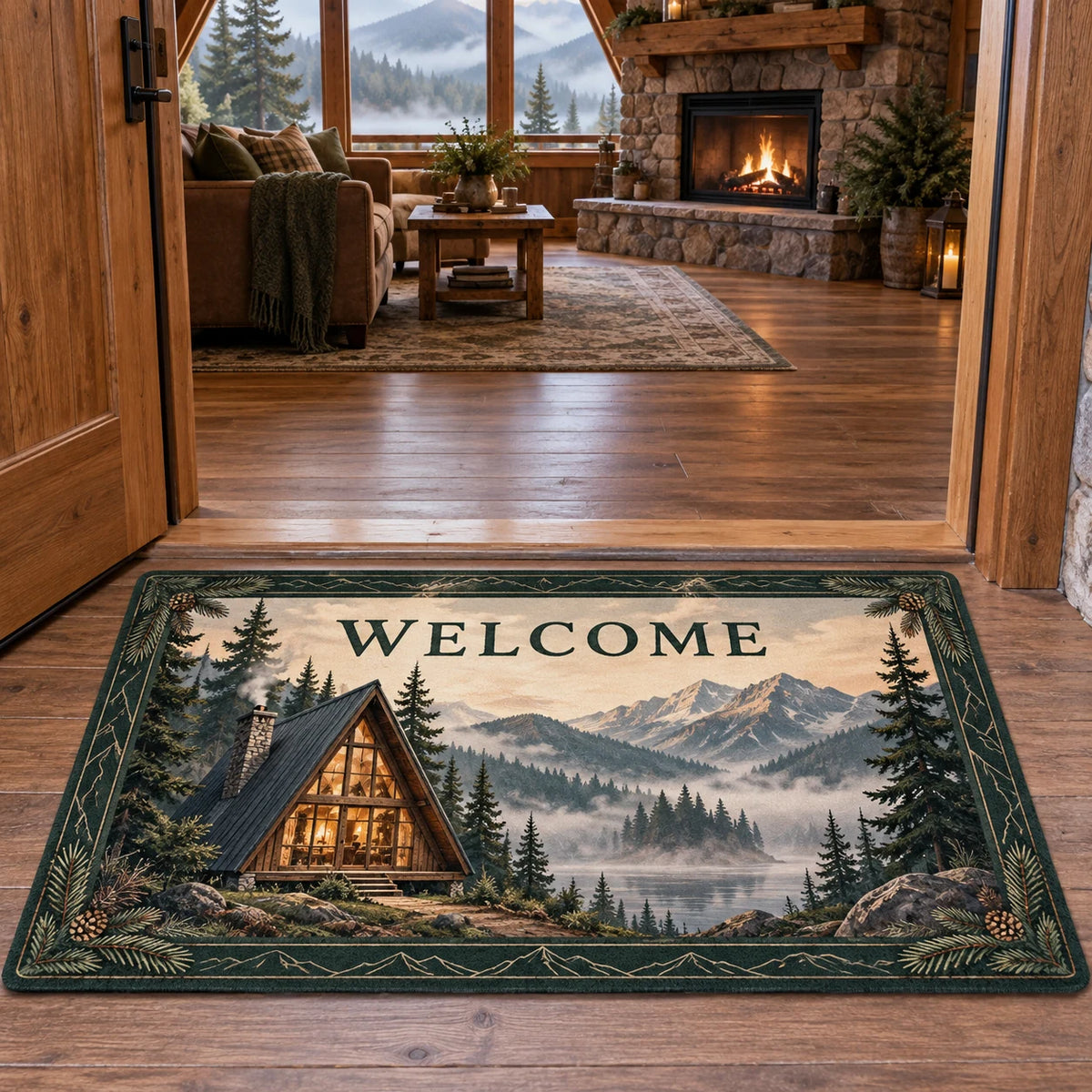 A-Frame Cabin Welcome Doormat with dimensional printed artwork in a coordinated home setting