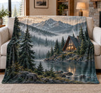 A-frame Cabin Morning Mist Fleece Blanket with printed dimensional artwork