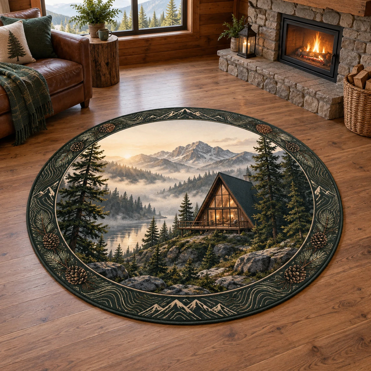A-Frame Cabin Morning Mist Round Mat Rug with dimensional printed artwork in a coordinated home setting