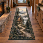 A-Frame Cabin Morning Mist Runner Rug with dimensional printed artwork in a coordinated home setting