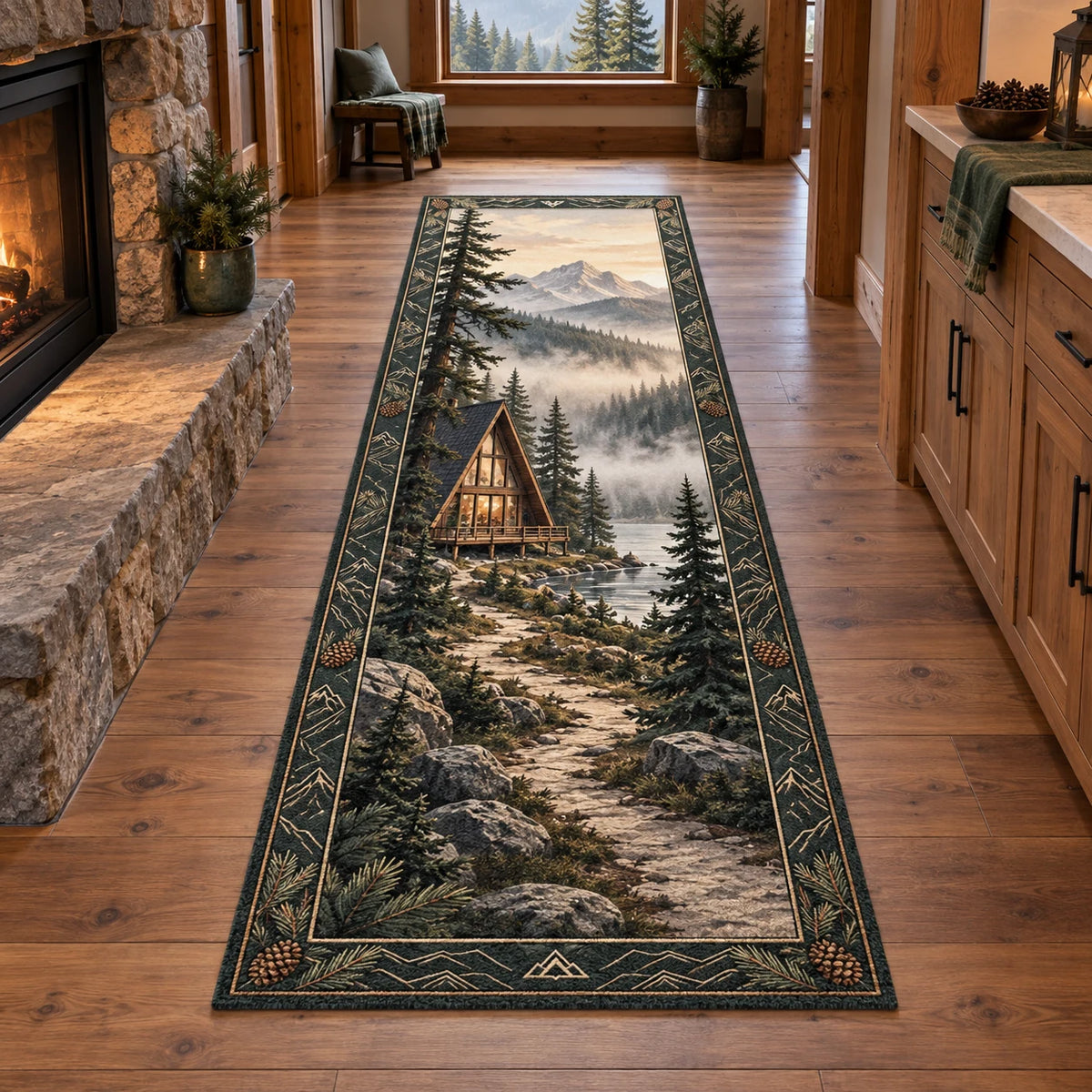A-Frame Cabin Morning Mist Runner Rug with dimensional printed artwork in a coordinated home setting