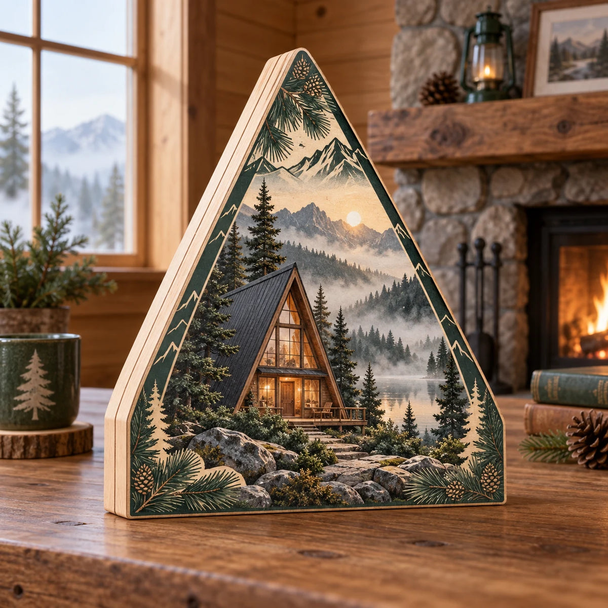 A-Frame Cabin Wooden Block 3 Layer with dimensional printed artwork in a coordinated home setting