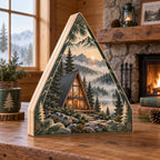 A-Frame Cabin Wooden Block 3 Layer with dimensional printed artwork in a coordinated home setting