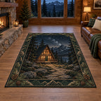 Rectangular rug showing A-frame cabin, pine forest, stone path and starry mountains within a pine border.
