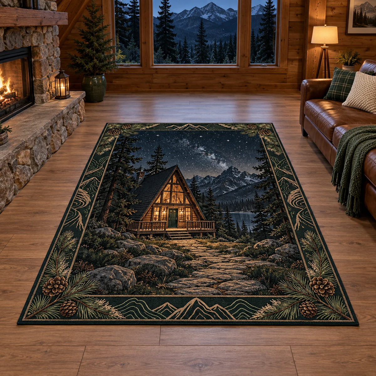 Rectangular rug showing A-frame cabin, pine forest, stone path and starry mountains within a pine border.