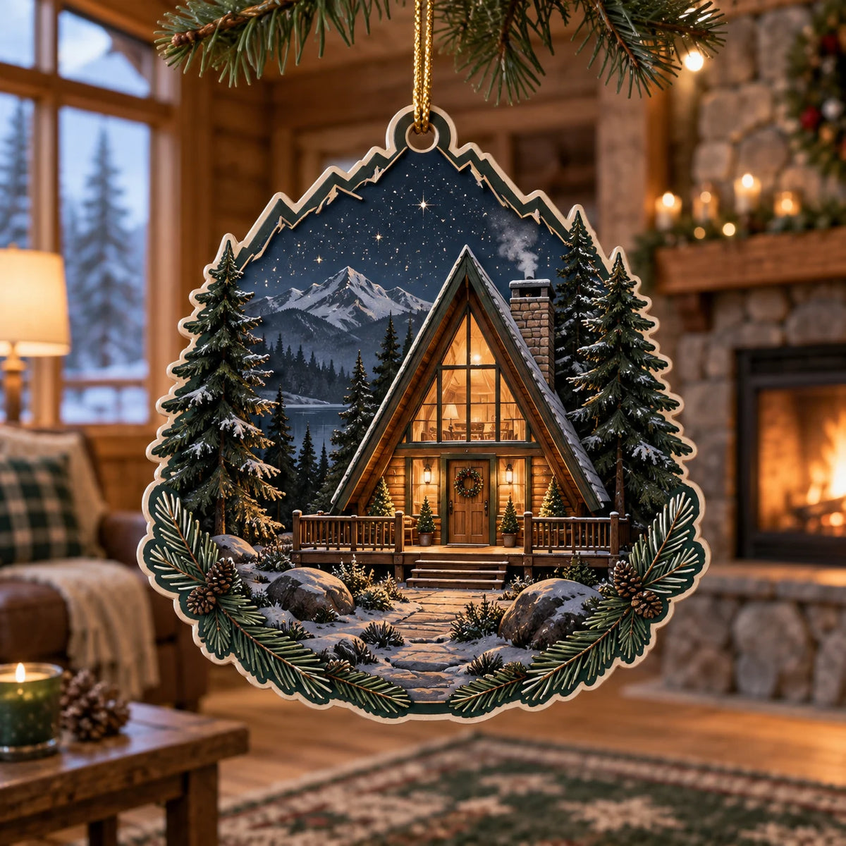 Flat acrylic ornament with snowy A-frame cabin, pine trees, starry mountains and gold hanging cord.