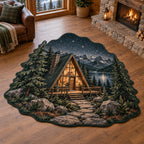 Custom shape rug with A-frame cabin, stone path, pine trees, lake and starry mountains.