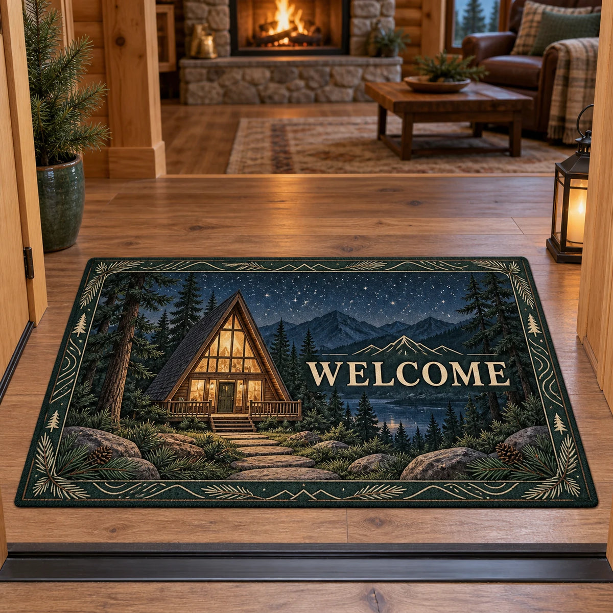 WELCOME doormat with A-frame cabin, stone path, pines and starry mountains at a timber-room doorway.