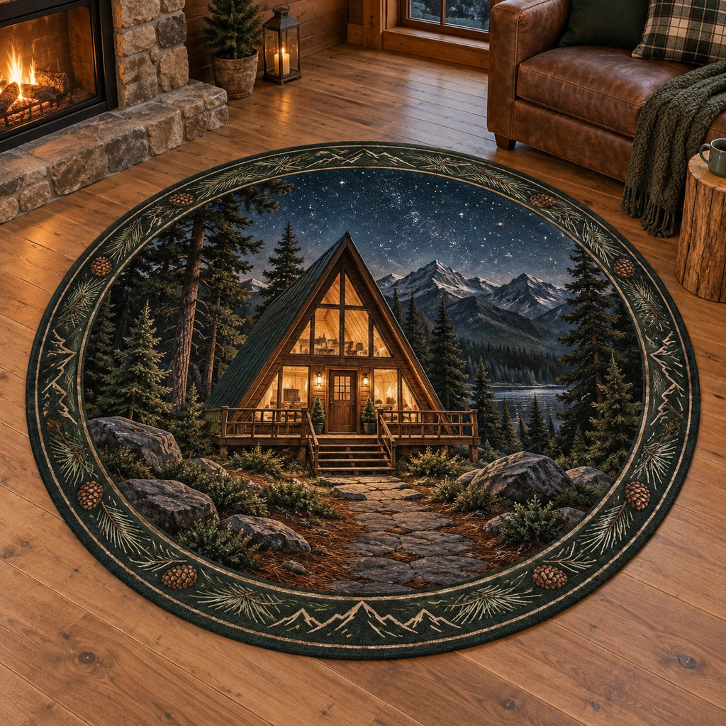 Round rug with illuminated-looking A-frame cabin, stone path, pines, mountains and starry sky artwork.