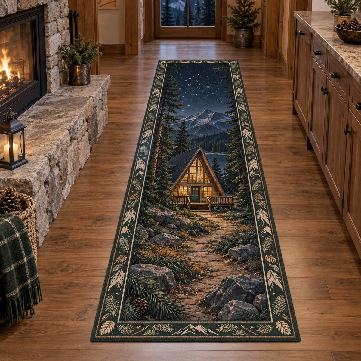 Long runner rug with stone path, A-frame cabin, pine trees and distant starry mountains.
