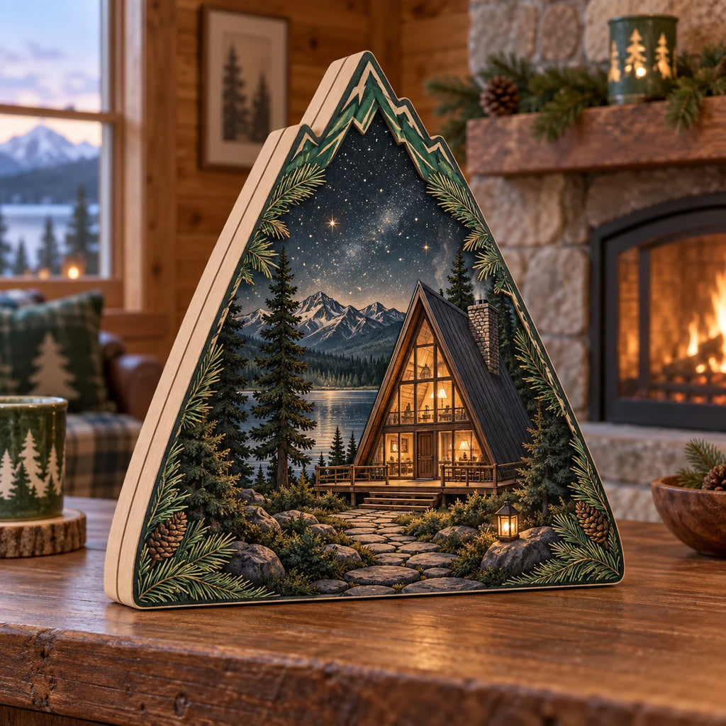Mountain-shaped three-layer wooden block with A-frame cabin, pines, stone path and stars.