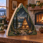 Mountain-shaped three-layer wooden block with A-frame cabin, pines, stone path and stars.