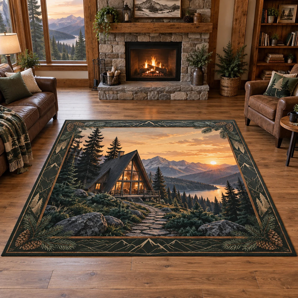 A-frame Cabin Sunset Ridge Area Rug with a triangular cabin, pine trees, warm sunset ridge and matching woodland border in a timber room.