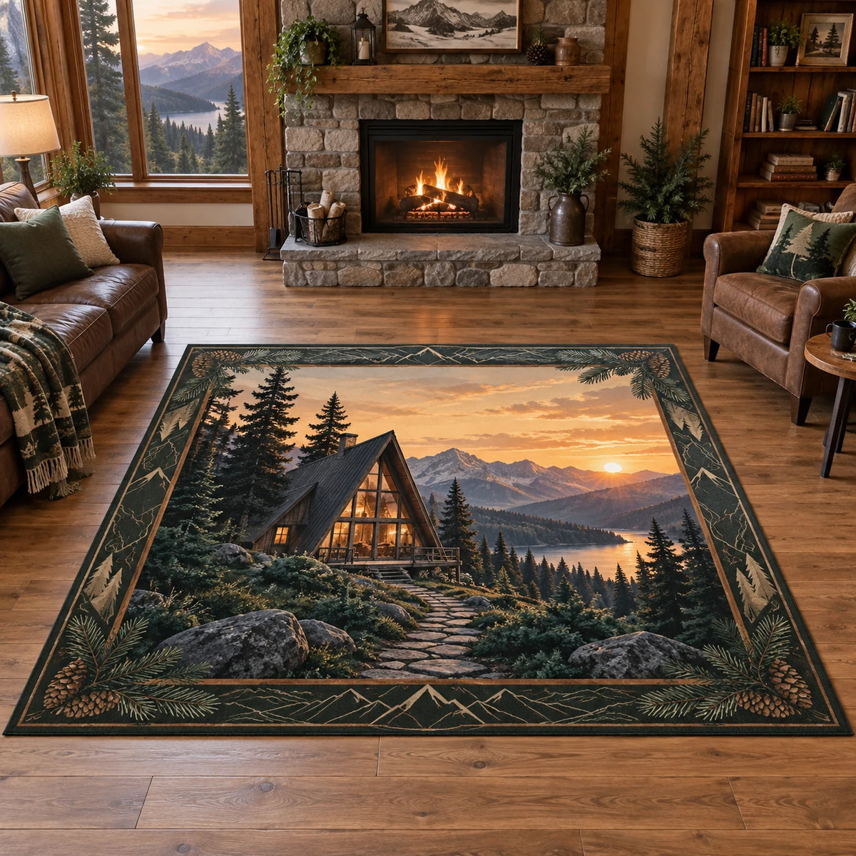 A-frame Cabin Sunset Ridge Area Rug with a triangular cabin, pine trees, warm sunset ridge and matching woodland border in a timber room.