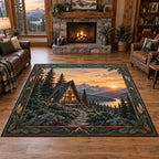 A-frame Cabin Sunset Ridge Area Rug with a triangular cabin, pine trees, warm sunset ridge and matching woodland border in a timber room.