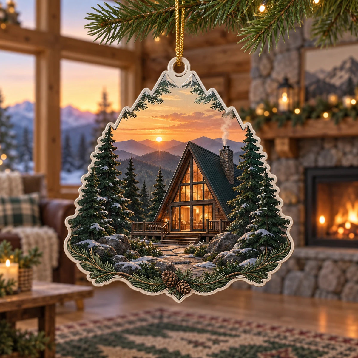 A-frame Cabin Sunset Ridge Christmas Ornament with a triangular cabin, pine trees, warm sunset ridge and matching woodland border in a timber room.