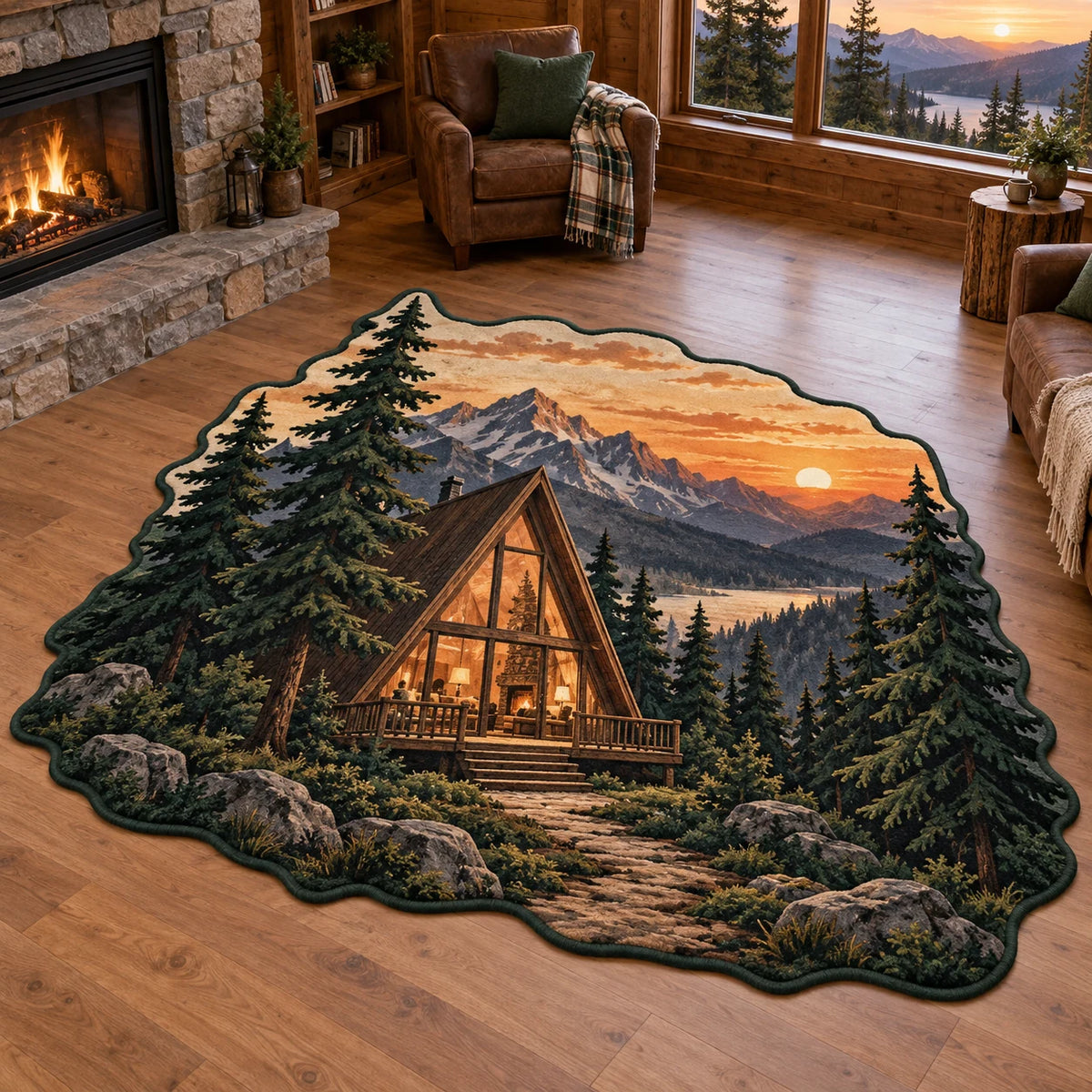 A-frame Cabin Sunset Ridge Custom Shape Area Rug with an A-frame cabin, sunset ridge and pine-framed printed depth in a timber room.