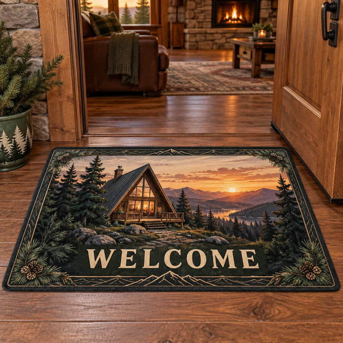 A-frame Cabin Sunset Ridge Doormat with an A-frame cabin, sunset ridge and pine-framed printed depth in a timber room.