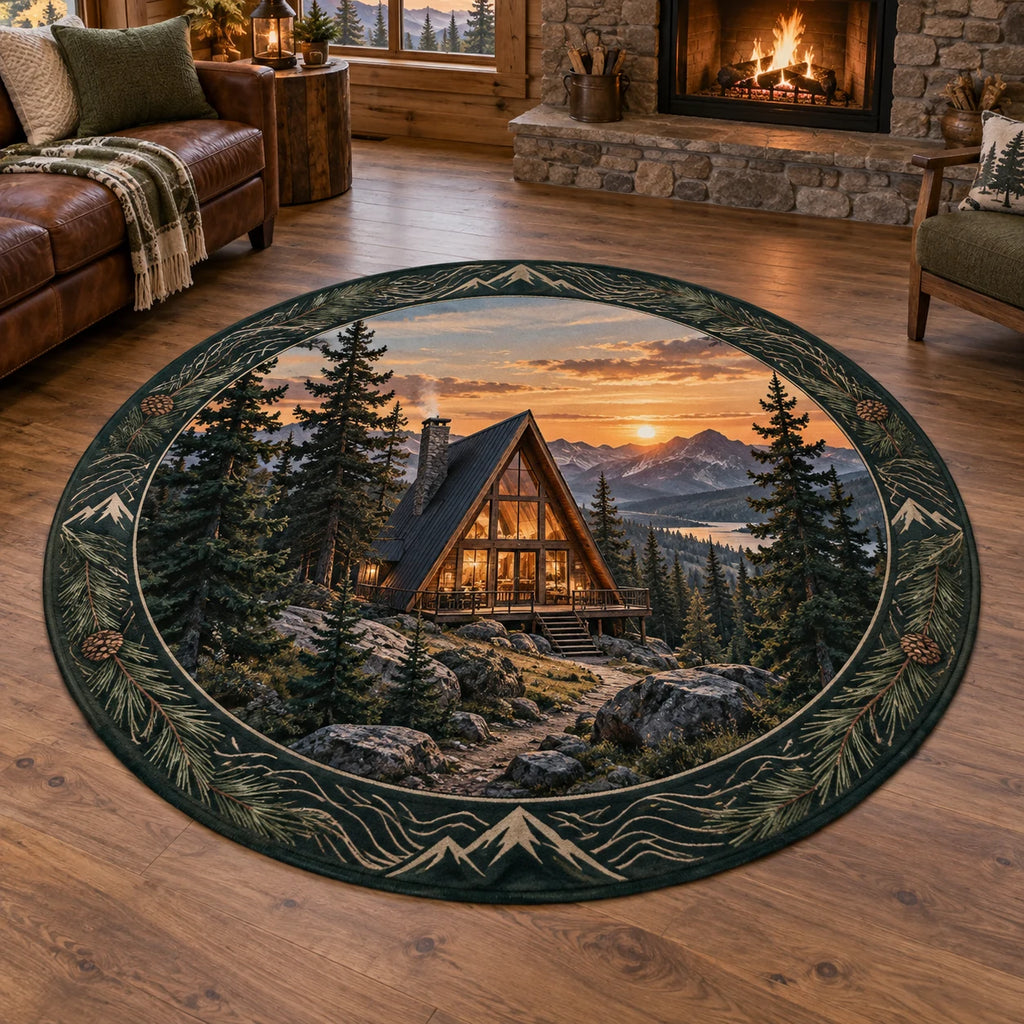 A-frame Cabin Sunset Ridge Round Mat Rug with a triangular cabin, pine trees, warm sunset ridge and matching woodland border in a timber room.