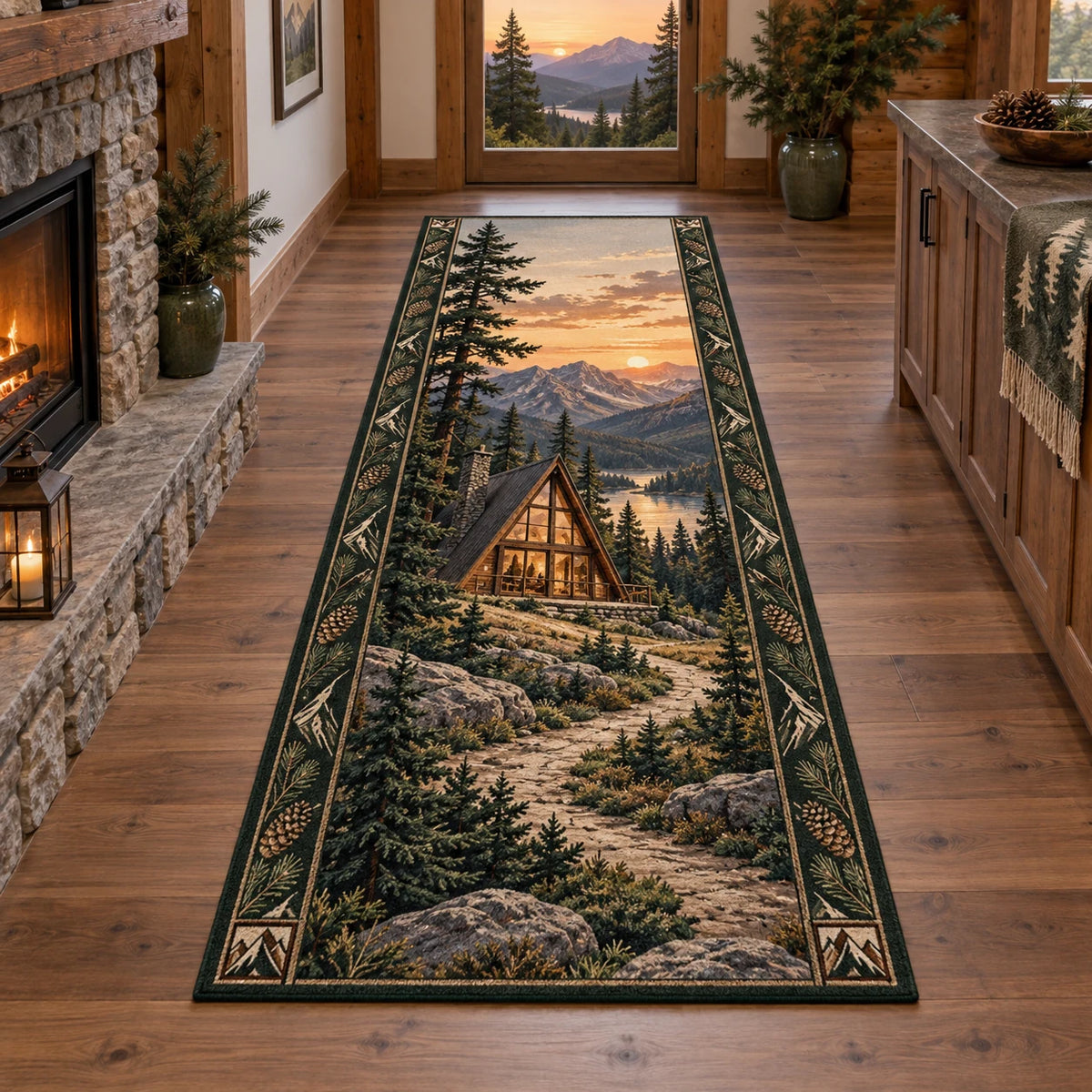A-frame Cabin Sunset Ridge Runner Rug with a triangular cabin, pine trees, warm sunset ridge and matching woodland border in a timber room.