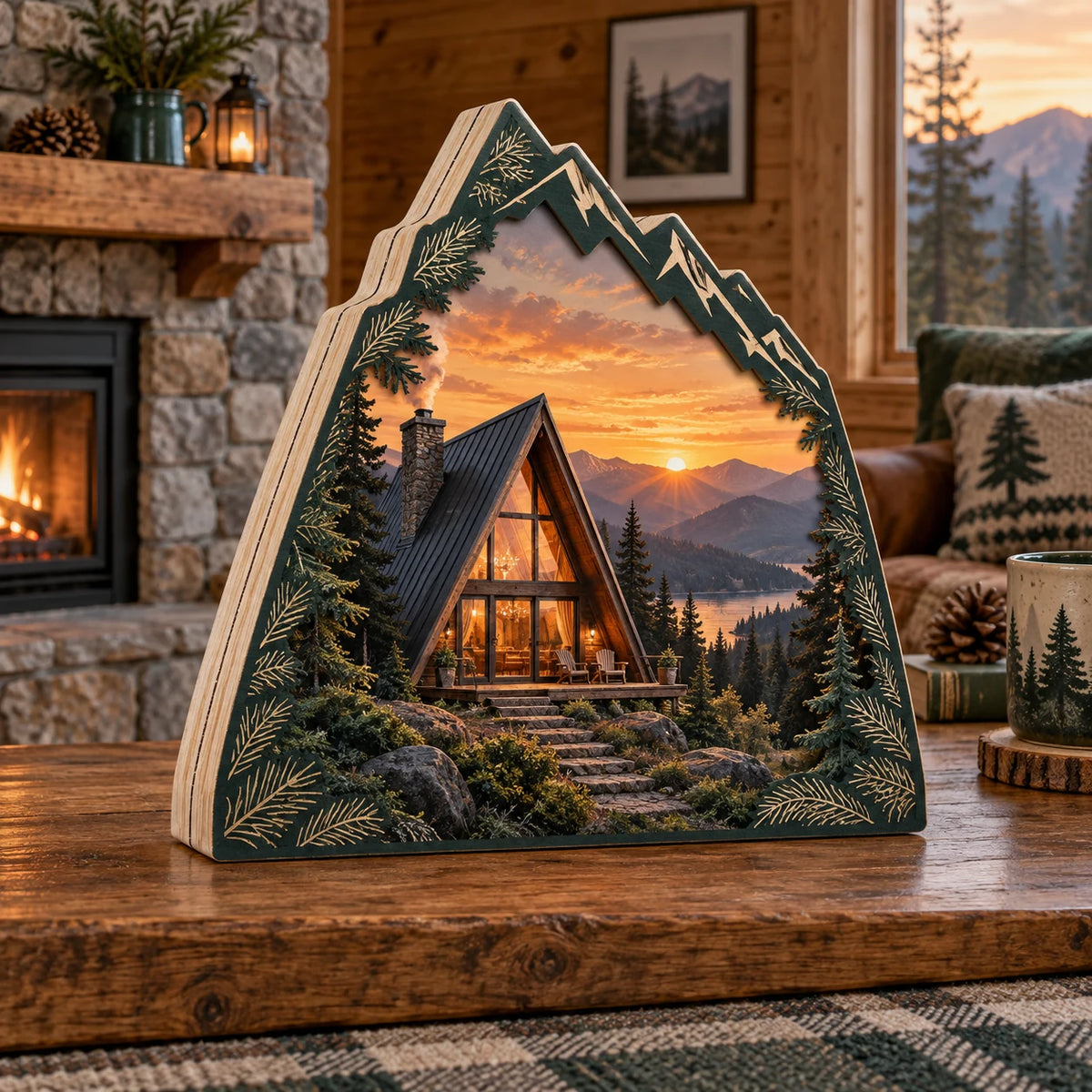 A-frame Cabin Sunset Ridge Wooden Block 3 Layer with an A-frame cabin, sunset ridge and pine-framed printed depth in a timber room.