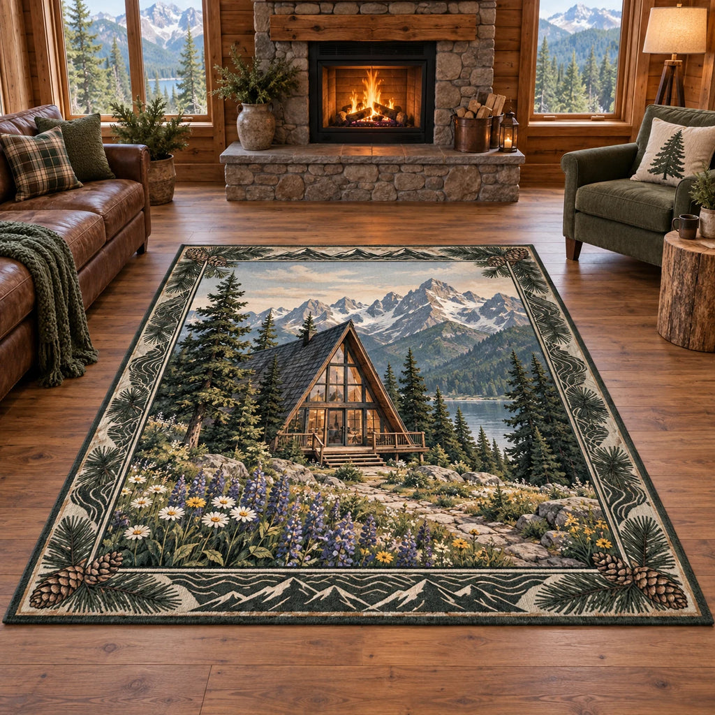 A-frame cabin and alpine wildflowers printed on a area rug in a warm timber room with a stone hearth.