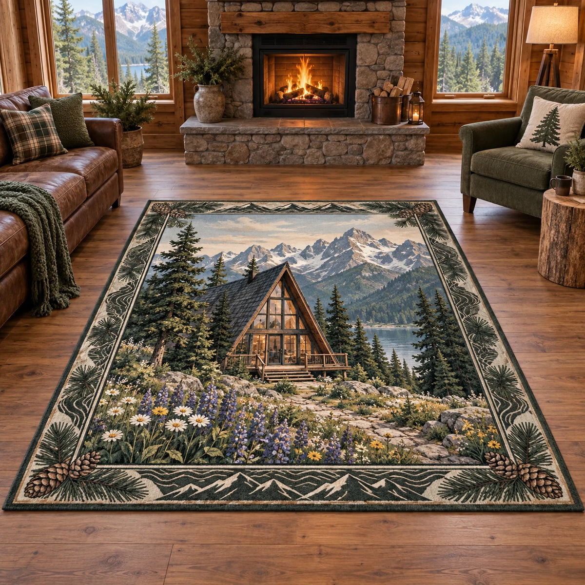 A-frame cabin and alpine wildflowers printed on a area rug in a warm timber room with a stone hearth.