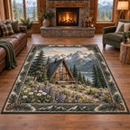 A-frame cabin and alpine wildflowers printed on a area rug in a warm timber room with a stone hearth.
