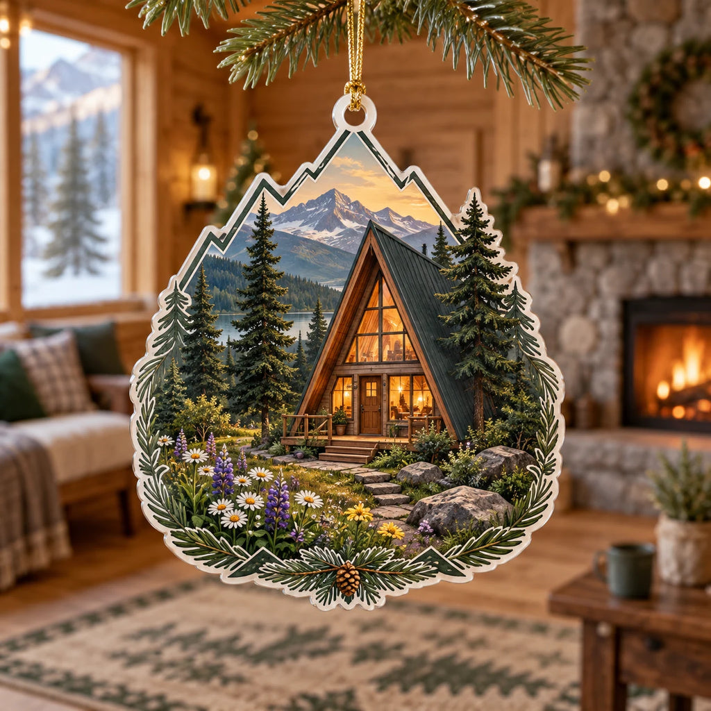 A-frame cabin and alpine wildflowers printed on a christmas ornament in a warm timber room with a stone hearth.