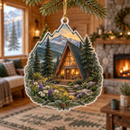 A-frame cabin and alpine wildflowers printed on a christmas ornament in a warm timber room with a stone hearth.