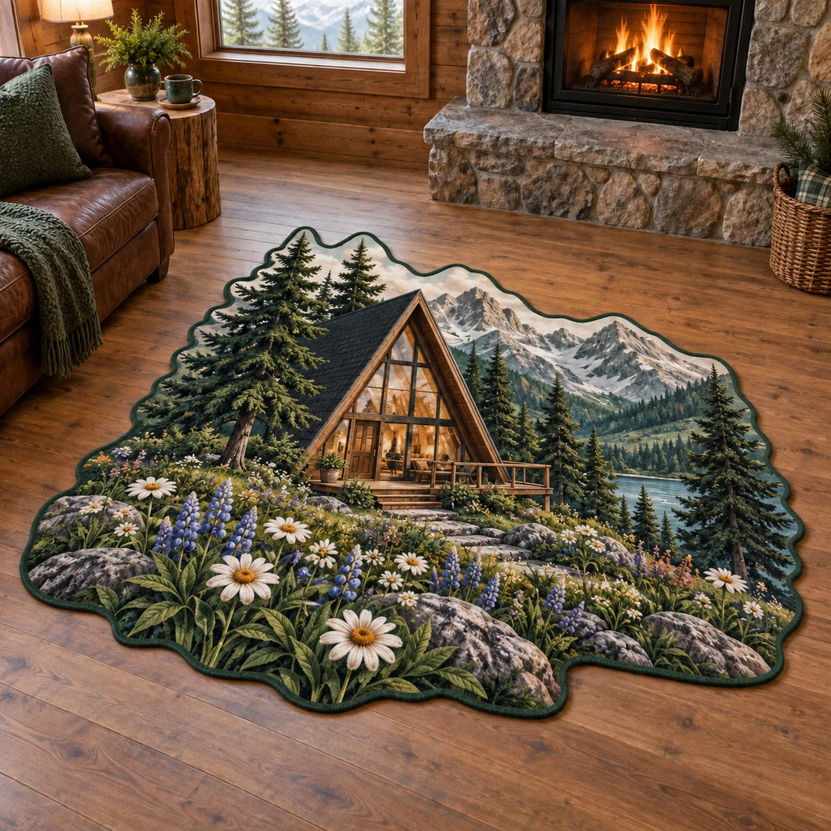 A-frame cabin and alpine wildflowers printed on a custom shape area rug in a warm timber room with a stone hearth.